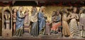 Intricately carved and painted frieze inside Notre Dame Cathedral in Paris depicting Life of Jesus