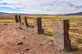 Intricately carved stone sculptures at the Tiwanaku archaeological site, near La Paz, Bolivia