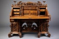 an intricately carved wooden bureau with brass handles