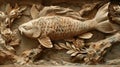Intricately Carved Wooden Fish Amid Floral Motifs