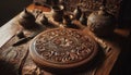 Intricately carved wooden table with floral patterns and carving tools Royalty Free Stock Photo