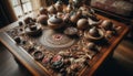Intricately carved wooden table with floral patterns and carving tools Royalty Free Stock Photo