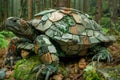 Intricately Carved Wooden Turtle Sculpture in Natural Forest Setting, Art Blending with Environment