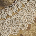 Intricately crafted lace featuring floral patterns lies on a textured surface. The white Royalty Free Stock Photo