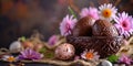 Intricately designed chocolate eggs rest in a dark basket, surrounded by pink blossoms and a speckled egg on burlap Royalty Free Stock Photo
