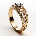 Intricately Designed Gold Ring With High Detail And Aquamarine Accent