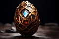 An intricately designed golden egg with a glowing core sits against a dark backdrop, symbolizing mystery and luxury