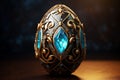 An intricately designed golden egg with a glowing blue core sits against a dark backdrop, symbolizing mystery and luxury