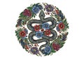 An intricately designed illustration featuring a coiled snake with a Royalty Free Stock Photo