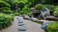 Traditional Japanese Garden with Koi Pond and Waterfall. Resplendent. Royalty Free Stock Photo