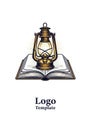 An intricately designed logo features an open book with a brass- Royalty Free Stock Photo
