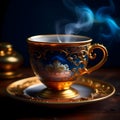 Intricately Designed Porcelain Cup, Adorned with Gilded Patterns, Surrounded by a Mist of Steam from the Indulgent Coffee Royalty Free Stock Photo