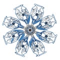 Intricately designed snowflake-like structure features a radial array of metallic blue Royalty Free Stock Photo