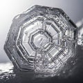 An intricately detailed image showcasing a snowflake with a hexagonal shape. The structure features Royalty Free Stock Photo