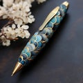 Intricately Detailed Japanese Inspired Pen With Gold Trim On Black Wood Royalty Free Stock Photo