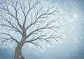 An intricately illustrated tree with bare branches extending across a bluish, snowy Royalty Free Stock Photo