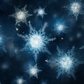 Intricately patterned snowflakes gently falling against a dark, starry night backdrop