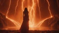 intricately photograph of Horror scene of a scary devil demon woman inside a waterfall of orange lightning