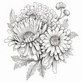 Intricately Sculpted Bouquet: A Detailed Black And White Chrysanthemum Illustration