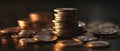 The intricately stacked coins reflecting light in a darkened setting. AI generated image Royalty Free Stock Photo