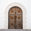 Intricately Textured Byzantine-inspired Wooden Door On White Wall
