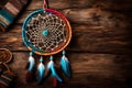 An intricately woven dream catcher displayed against a rustic wooden background, with vibrant colors and delicate patterns