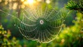 Large dewkissed spider web stretched between pine needles with sunlit greenery background Royalty Free Stock Photo