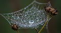 Intricately woven spider web adorned with dew droplets, suspended between dri