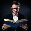 Intrigued businessman with glasses reading a book. Isolated on b