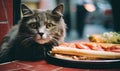 Intrigued feline poised to taste a hot dog. Created with AI