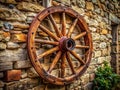 Intriguing Ancient Wooden Wheel Set Against a Textured Stone Wall A Masterful Composition Utilizing the Rule of Thirds Royalty Free Stock Photo