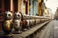 An intriguing collection of vintage, cat-eyed robot figures standing in a line on a city sidewalk, exuding a retro