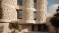 An intriguing design with a modular facade in muted beige tones. AI generated