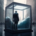 a wave in a perspex box, businessman watching, generative ai