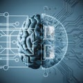 Intriguing digital composition human brain with abstract circuit board, neural networks