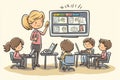 An intriguing image depicts a devoted educator enthusiastically engaging with pupils in an online learning environment Royalty Free Stock Photo