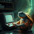 A cyborg-like turtle with glowing patterns on its shell intensely plays an old-school arcade game in a sci-fi setting Royalty Free Stock Photo