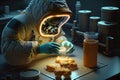 Scientist in protective suit and gloves testing food products in laboratory