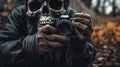 Ai Generative Skull photographer holding a camera in his hands. Halloween concept