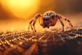 Intriguing moment a spider traverses a dew covered web during sunset Royalty Free Stock Photo