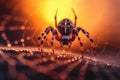 Intriguing moment a spider traverses a dew covered web during sunset Royalty Free Stock Photo