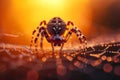 Intriguing moment a spider traverses a dew covered web during sunset