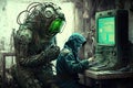 Computer hacker in a green hoodie and a protective mask