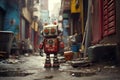 Intriguing Robot character on street. Generate Ai