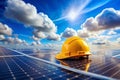 Intriguing TiltShift Perspective Engineering Cap on Solar Panel Amidst a Sky of Delicate White Clouds Unveiling a Royalty Free Stock Photo