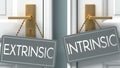 Intrinsic or extrinsic as a choice in life - pictured as words extrinsic, intrinsic on doors to show that extrinsic and intrinsic