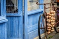 Bicycle with pink onion braid of Roscoff. Roscoff - Brittany Ã¢â¬â France