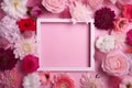 Beautiful floral frame with white border on pink background, AI generated Royalty Free Stock Photo