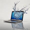 Laptop with splashing water display on white background