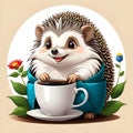 Introducing our new premium tea and coffee label featuring a charming anthropomorphic cute cartoon hedgehog!